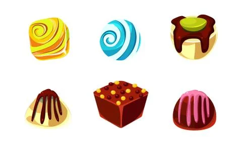 Flat vector set of chocolate and caramel candies. Delicious sweet. Elements for Illustrazione stock