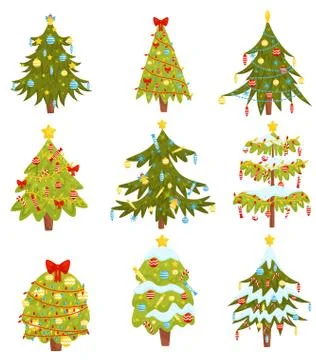 Flat vector set of Christmas trees with different decorations. Winter holidays Illustrazione stock