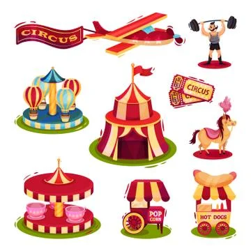 Flat vector set of circus icons. Carousels, carts with fast food, tickets Stock Illustration