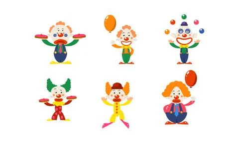 Flat vector set of clowns in different actions. Funny cartoon characters makeup 스톡 일러스트