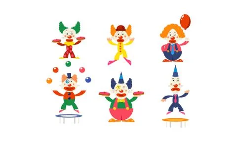 Flat vector set of clowns in different actions. Circus artists in colorful wigs 库存插图
