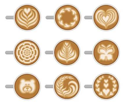 Flat vector set of coffee cups with different latte art, top view. Fresh and Stock Illustration