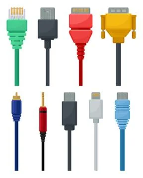 Flat vector set of colorful cables. Video and audio, USB, DVI and network data Stock Illustration