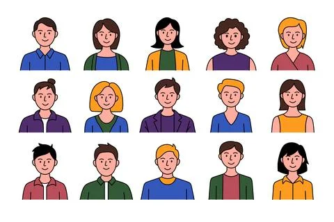 A flat vector set of colorful character avatars featuring diverse men and w.. Stock Illustration