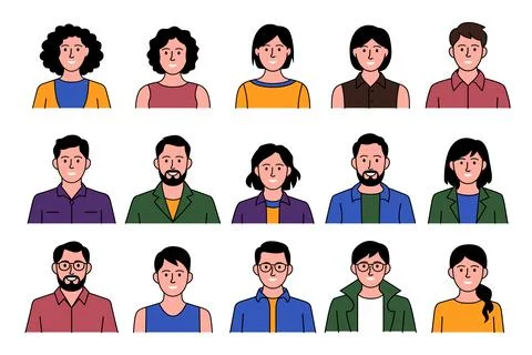 A flat vector set of colorful character avatars featuring diverse men and w.. Stock Illustration