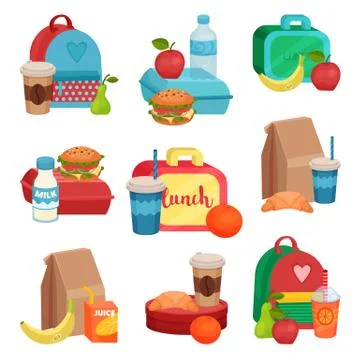 Flat vector set of colorful compositions with school food. Tasty meal. Delicious Ilustración de archivo
