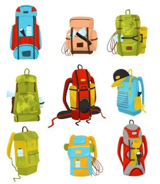 Flat vector set of colorful hiking backpacks with various equipment flashlights Illustrazione stock