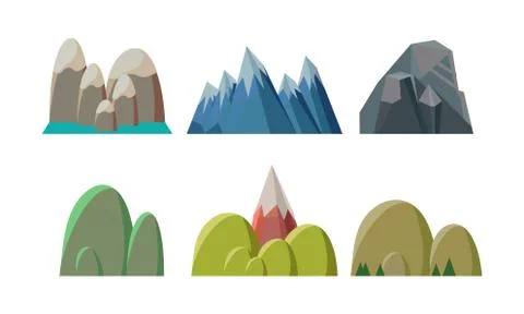Flat vector set of colorful hills and rocky mountains. Nature landscape elements Stockillustratie