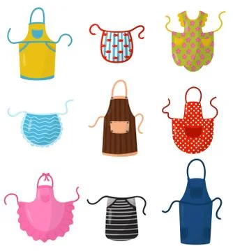 Flat vector set of colorful kitchen aprons. Protective garment. Cooking dress Stock Illustration