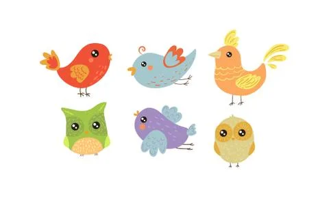 Flat vector set of colorful little birds. Lovely creatures with small wings Stock Illustration