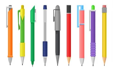 Flat vector set of colorful pens and pencils. Stationery supply. School or Stock Illustration