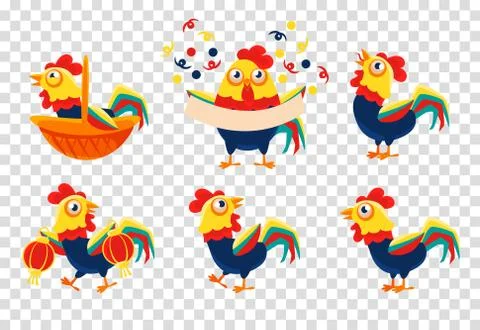 Flat vector set of colorful roosters. Farm bird with bright feathers. Domestic Stock Illustration