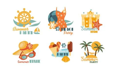 Flat vector set of colorful summer labels. Beach vacation theme. Elements for Stock Illustration