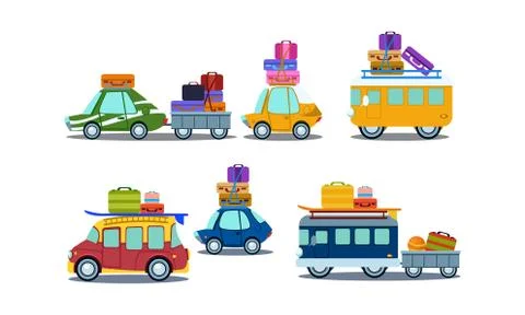 Flat vector set of colorful vehicles with luggage on roof. Vans, cars and bus Illustrazione stock