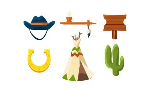 Flat vector set of colorful wild west elements. Cowboy s hat, horseshoe, peace Illustrazione stock