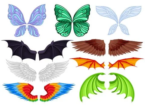 Flat vector set of colorful wings of different creatures butterfly, fairy, bat Stock Illustration