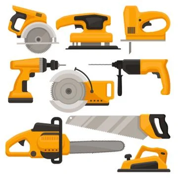 Flat vector set of construction tools. Different saws, jack plane, hammer drill Stock Illustration