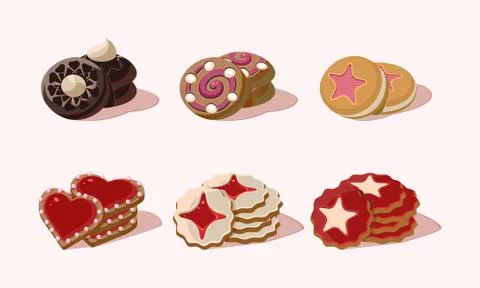 Flat vector set of cookies with different flavours. Delicious snack for Stock Illustration