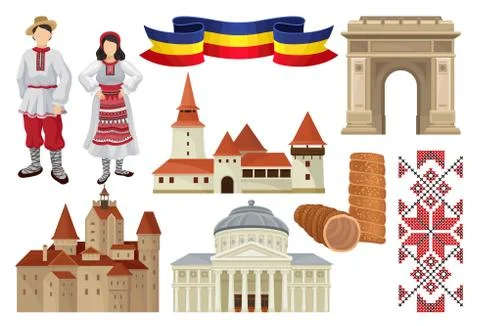 Flat vector set of cultural symbols of Romania. Food, historic architecture Stock Illustration