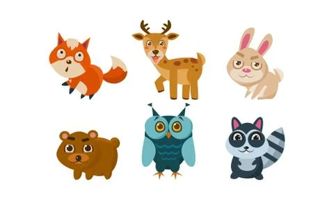 Flat vector set of cute animals. Deer, red fox, bunny, bear, owl and raccoon 스톡 일러스트