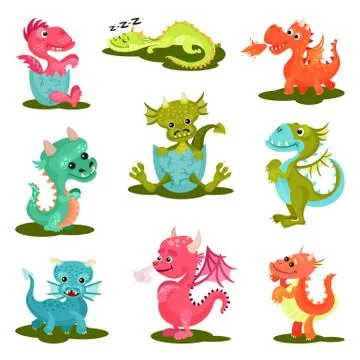 Flat vector set of cute baby dragons. Mythical creatures. Fantastic animals with Stock Illustration