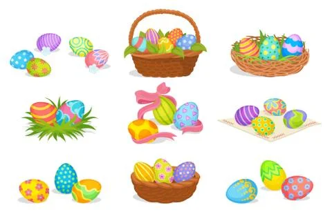 Flat vector set of cute Easter compositions. Painted eggs in baskets and nest Stock Illustration