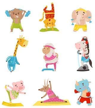 Flat vector set of cute humanized animals engaged in sports. Physical activity Stock-Illustration