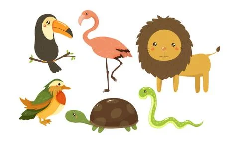 Flat vector set of cute jungle animals and birds. African fauna. Wildlife theme Illustrazione stock