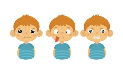 Flat vector set of cute little boy with various facial expressions. Crying kid Stock Illustration
