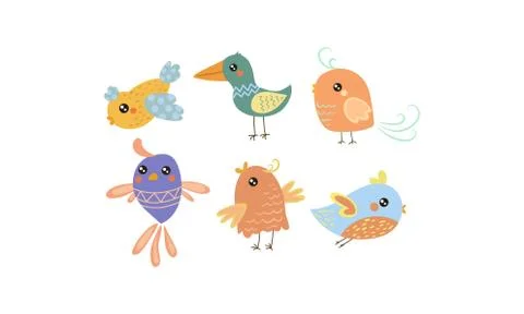 Flat vector set of cute little birds. Lovely creatures with small wings. Graphic Stock Illustration