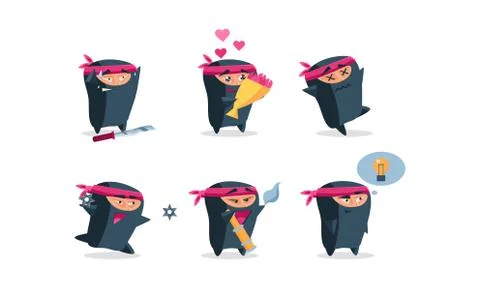 Flat vector set of cute ninja in different actions. Funny cartoon character Stock Illustration