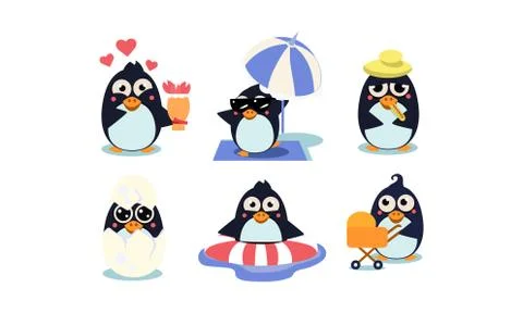 Flat vector set of cute penguins. South polar bird with shiny eyes. Funny Stock Illustration
