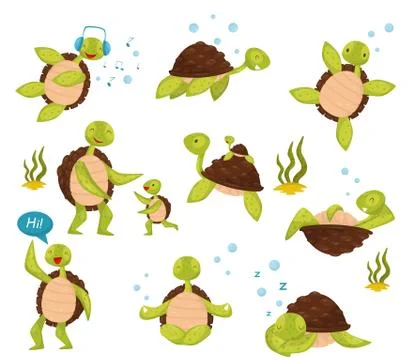 Flat vector set of cute turtles in different actions swimming, listening music Stock Illustration