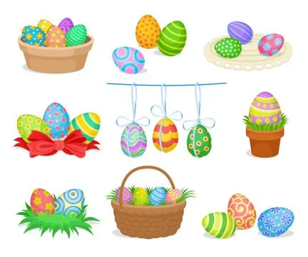 Flat vector set of decorative Easter compositions with painted eggs for Illustrazione stock