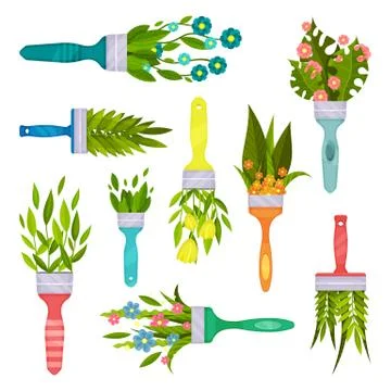 Flat vector set of decorative elements with spring bouquets and leaves in form Illustration