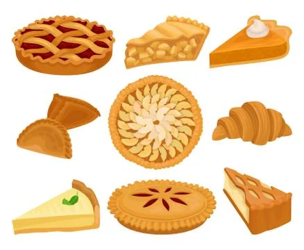 Flat vector set of delicious bakery products. Pies with different fillings Stock Illustration