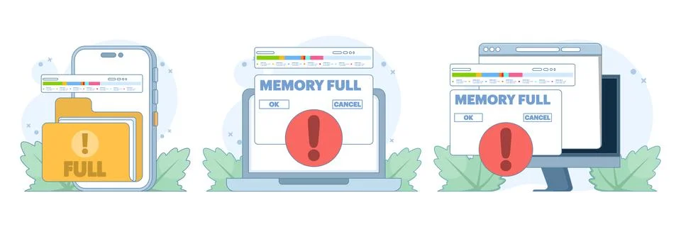 Flat vector set depicting full memory storage on a device Stock Illustration
