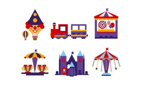 Flat vector set of different attractions rides and carousels. Colorful amusement Stock Illustration