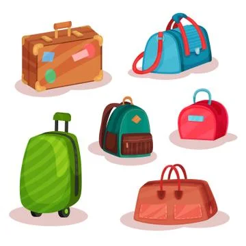 Flat vector set of different bags. Women handbags, retro case with stickers イラスト素材