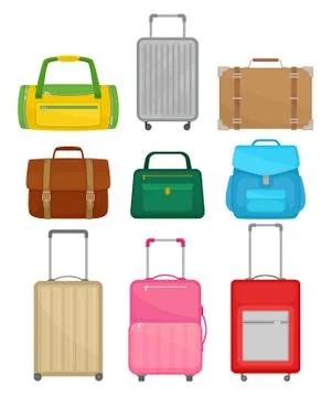 Flat vector set of different bags. Women handbag, leather briefcase, backpack Stock Illustration