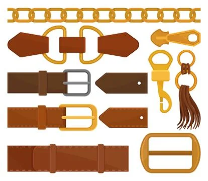 Flat vector set of different belt elements. Trendy leather waistbands, golden Stock Illustration