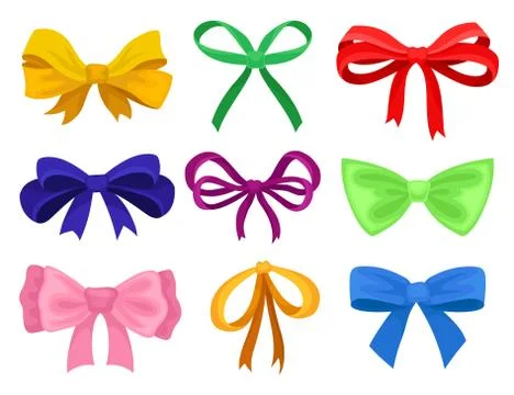 Flat vector set of different bows made of bright ribbons. Decorative elements 스톡 일러스트