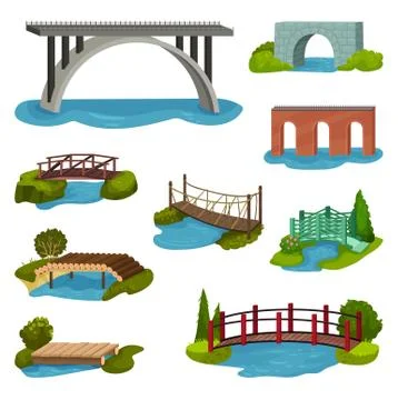 Flat vector set of different bridges. Wooden, metal, brick and stone footbridges Stockillustratie