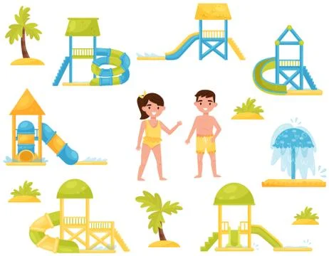 Flat vector set of different children s water slides. Aqua park equipment. Kids Ilustração Stock