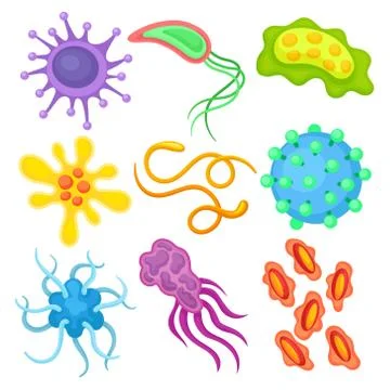 Flat vector set of different dangerous viruses. Pathogenic bacteria. Biology Stock Illustration