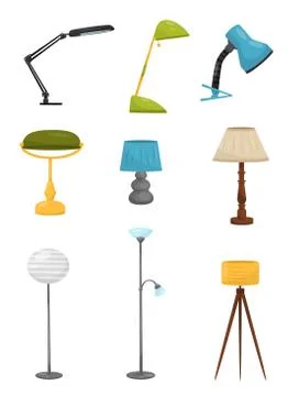 Flat vector set of different floor and desk lamps. Home decor elements. Lighting Stock Illustration