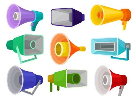 Flat vector set of different megaphones. Loud-speakers. Objects for announcement Stock Illustration