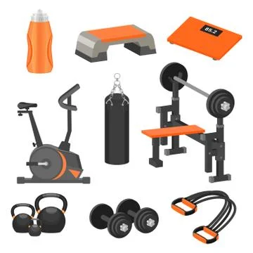 Flat vector set of different sport items and exercise equipment. Healthy Stock Illustration