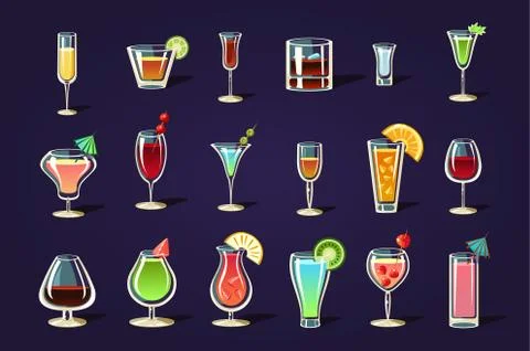 Flat vector set with different transparent glasses and cocktails. Refreshing Stock Illustration
