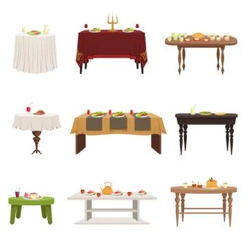 Flat vector set of different types of dining tables with served food and drinks Stock Illustration